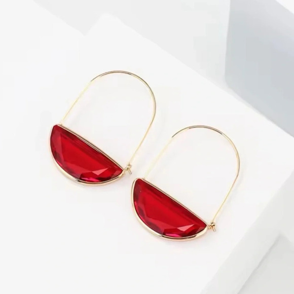 Red Crescent Glass Closed Hoops Earrings - Picture 3 of 11